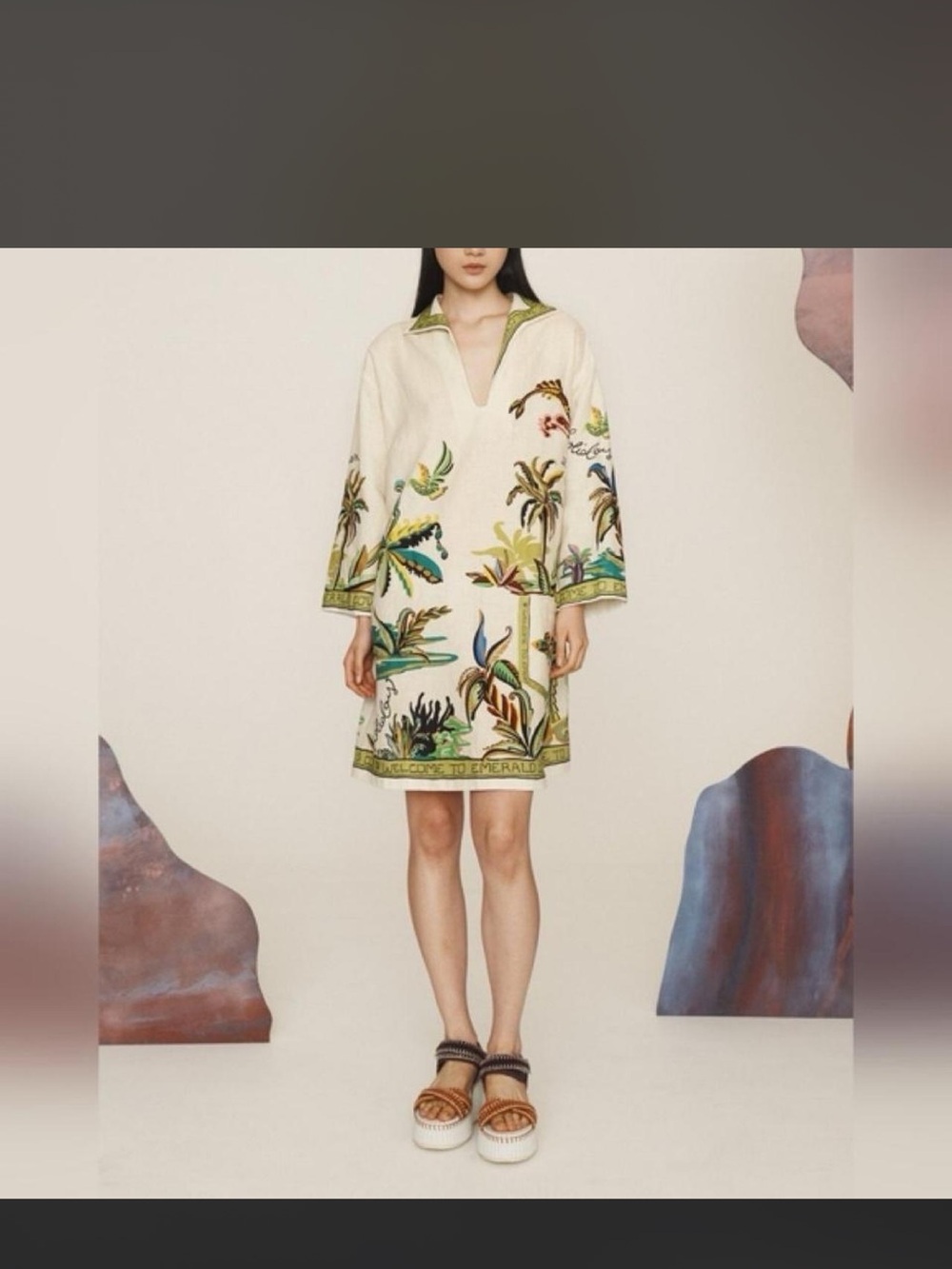 Alemais Cream Mini Dress with Green and Blue Botanical Print
